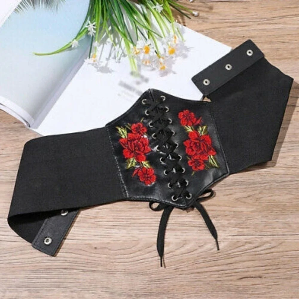 Corset Black Plus size Embroidered Wide Waist Belt Elastic cottage whimsigoth